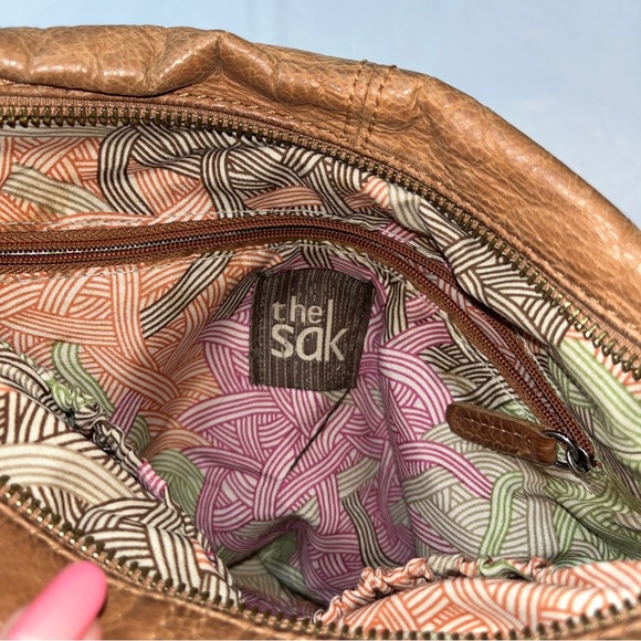 the SAK Tan camel orange brown Multi Leather STRIPED studded crossbody 10x11” L - Picture 3 of 16